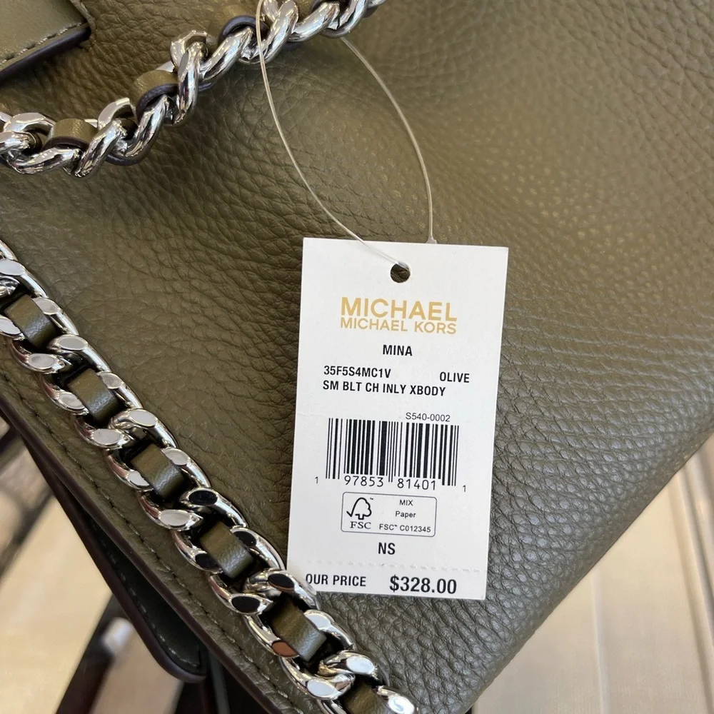 MICHAEL KORS Mina Small Chain Convertible Crossbody XBody Bag Olive Belted NWT